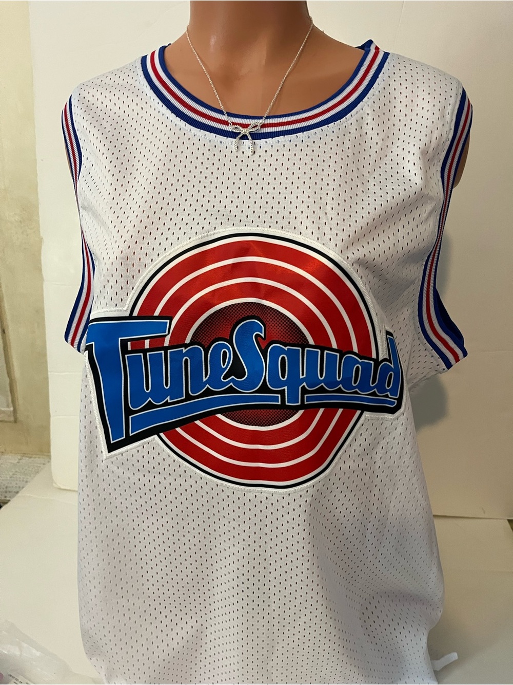 Tune Squad White Basketball Jersey Tank with Red & Blue Logo